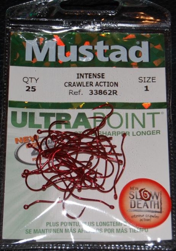 Mustad 33862NP-RB Red Slow Death Hooks Size 1 Jagged Tooth Tackle