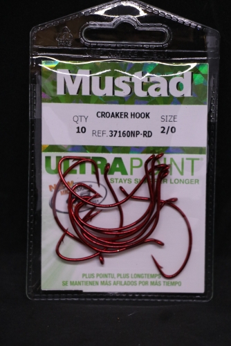 Mustad 37160NP-RD Red Croaker Wide Gap Hooks Size 2/0 Jagged Tooth Tackle