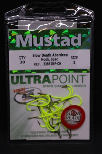 Mustad 33862NP-CH Ultra Point Chartreuse Slow Death Hooks Size 2 Jagged  Tooth Tackle