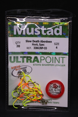 Mustad 33862NP-CO Ultra Point Chartreuse Orange Slow Death Hooks Size 4  Jagged Tooth Tackle