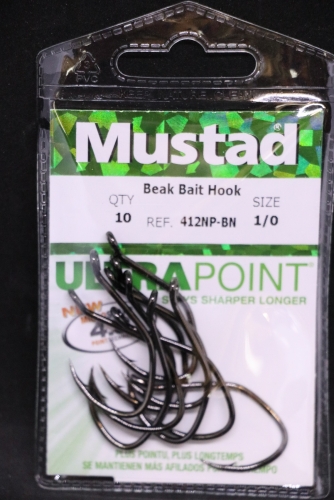 Mustad 412NP-BN 3X Strong Skipjack Bend Beak Hooks Size 1/0 Jagged Tooth  Tackle