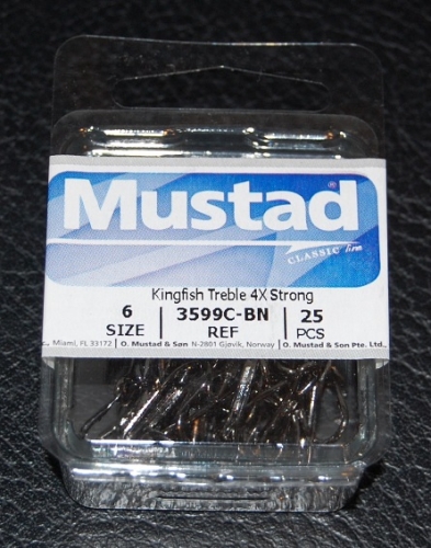 Mustad 3599C-BN Kingfish 4X Strong Treble Hooks Size 6 Jagged